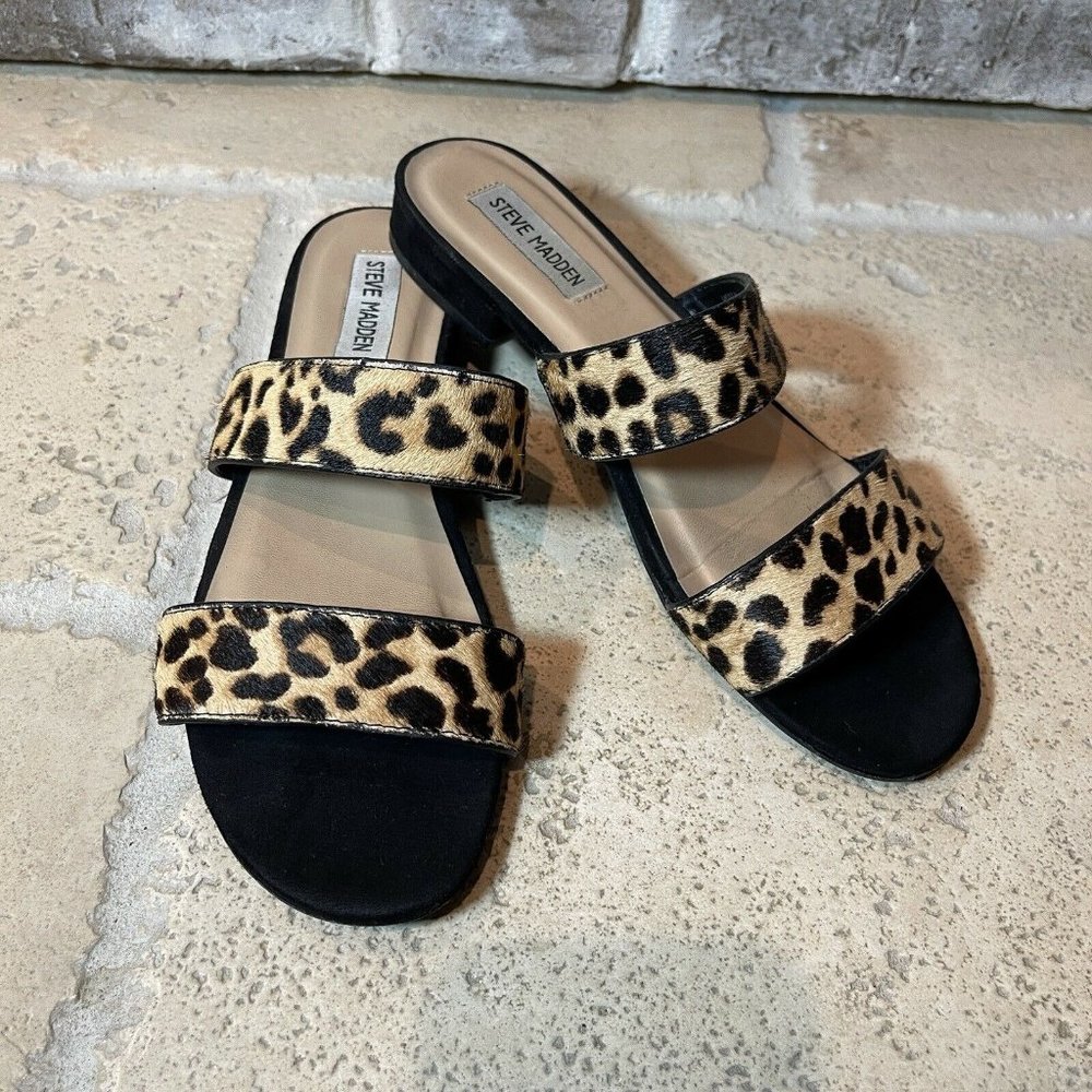 Steve Madden Women's Sandals Leather Lacole Leopard Strap Slip-On Size 8M